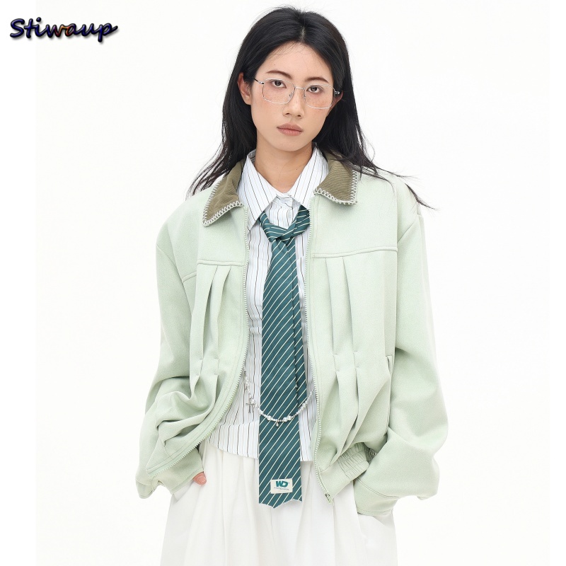 Quality Winter Clothing Bomber Jacket - Women's Autumn Bomber Jacket Green Lapel